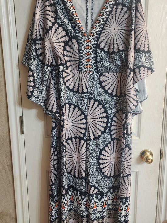 Pants - Women's Navy and Pale Pink Boho V-Neck Jumpsuit
